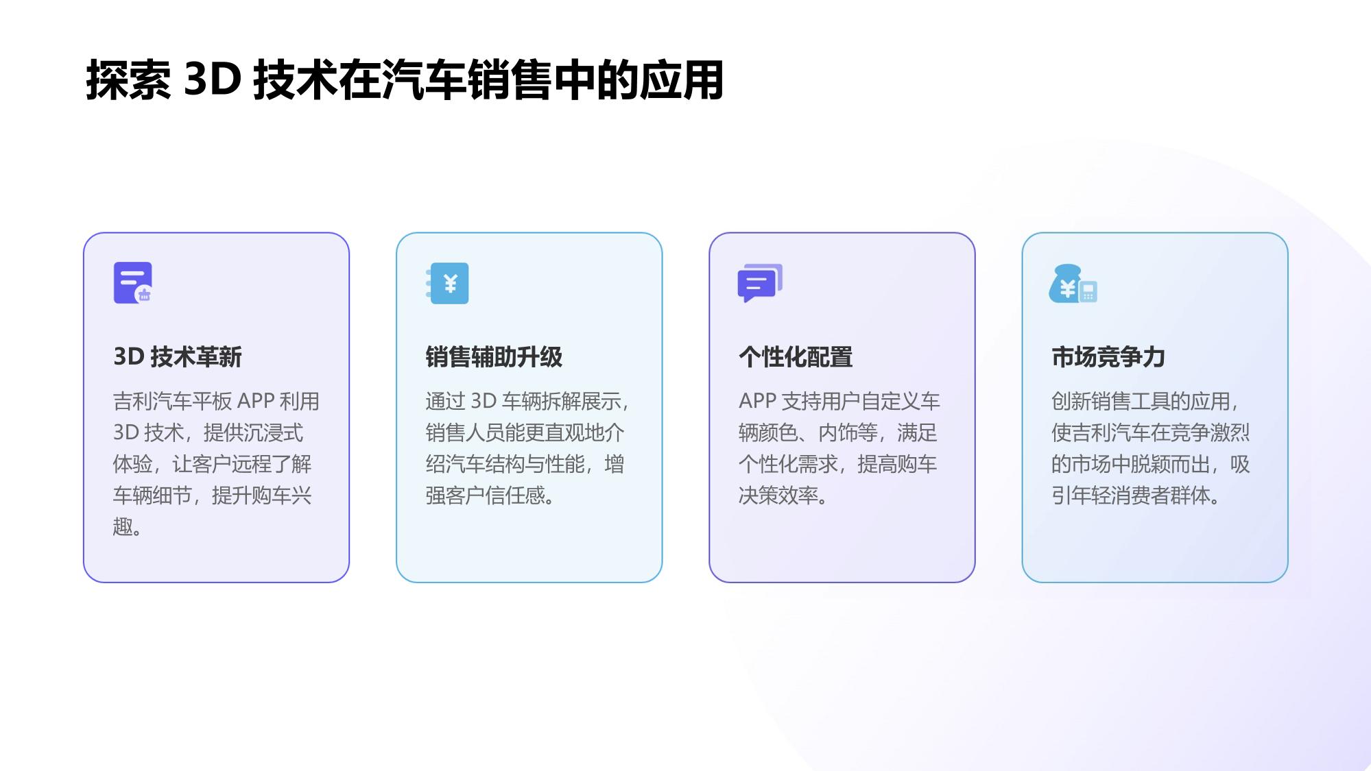 吉利汽车平板APP：3D车辆拆解展示销售辅助工具